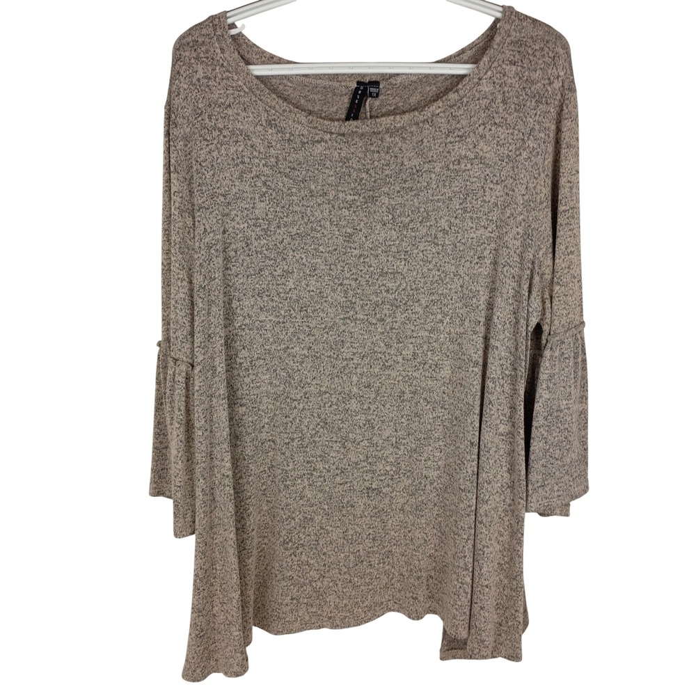 Obsession Womens 1X Heathered Tan Bell Sleeve Knit Top Scoop Neck Blouse Plus
